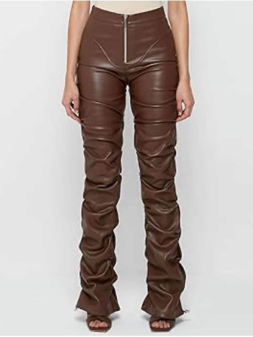 SHEIN Brown Faux Leather Ruched Flare Pants
